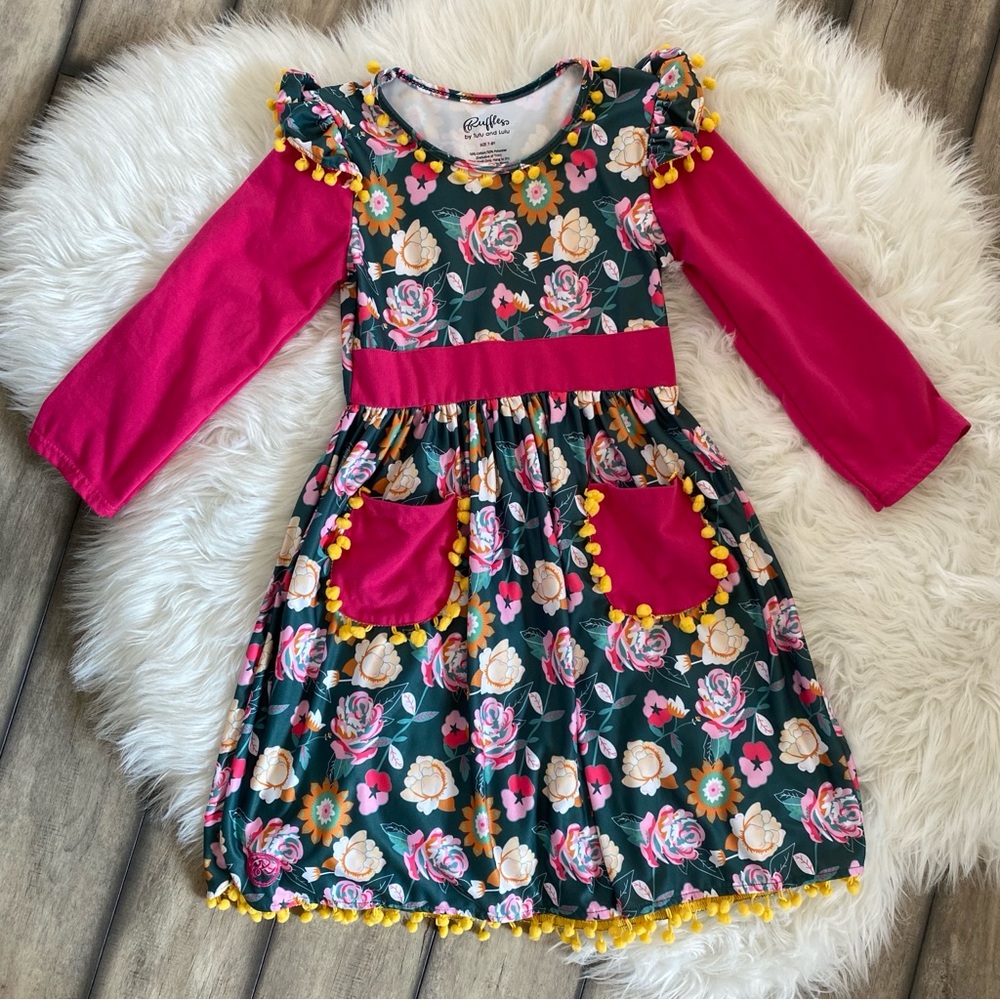 Girls' Tutu & Lulu Floral Dress with Pink Sleeves and Pompom Trim
